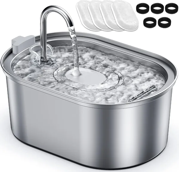 Fuente Agua Gatos Acero Inoxidable, 3,2 L, con 4 Filtros & 5 Esponjas
