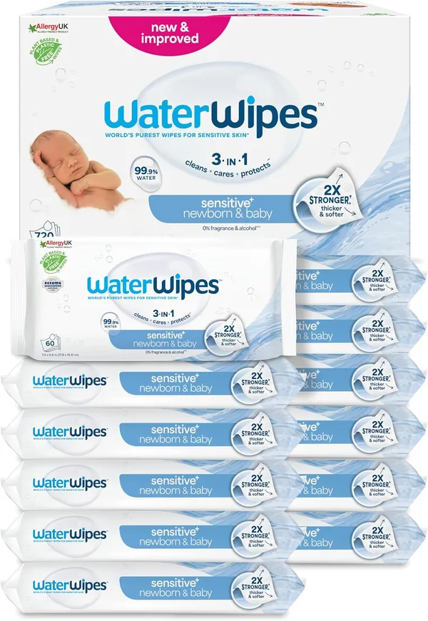 WaterWipes Original Baby Wipes, 720 Stück (12 Packungen), 99,9 % Wasser, 3-in-1-Reinigung, Pflege, Schutz, parfümfrei, Verpackung kann variieren