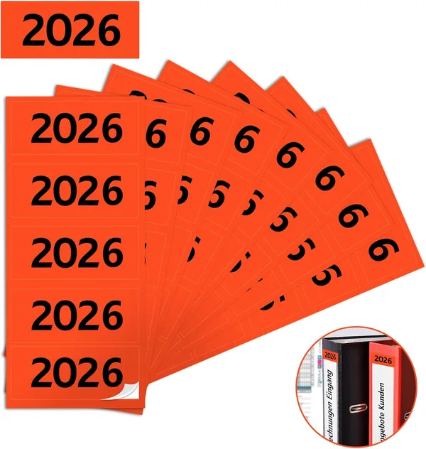 100 Stück Jahreszahlen Aufkleber 2026 Jahreszahl Etiketten 60×25mm Inhaltsschild Orange Ordner Aufkleber Selbstklebend Ordner Etiketten für Kennzeichnung Ordnern Unterlagen und Ablage