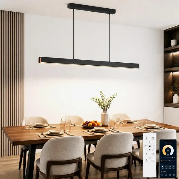 Lampa wisząca LED Jadalnia, Pilot & APP, Dekor Drewniany, Czarna, 100cm