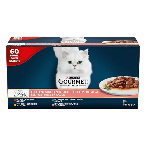 GOURMET PERLE | Karma mokra dla dorosłych kotów | Mini fileciki w sosie z Kurczakiem, Wołowiną, Łososiem i Królikiem | 60x85g
