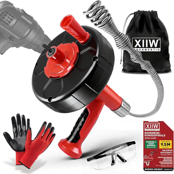 XIIW spirala do czyszczenia rur 9,5M | 2-in-1 ręczny/elektryczny z adapterem do wiertarki | Udrażniacz do rur – udrażnianie zatkanych odpływów w kuchni, łazienki | rękawice, okulary, torba w zestawie