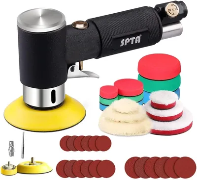 Mini poliermaschine, Druckluft Polierer, SPTA 25mm 50mm 80mm Exzenter schleifer Winkelschleifer mit 23tlg Polierschwamm Polierpad Polierfell Polierset Polierteller Kit von Auto, Möbeln,Metall-ARPS3SET