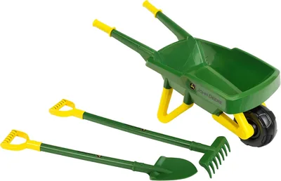 Theo Klein 3952 John Deere Schubkarren Set I Robustes Gartengeräte-Set für Kinder I Inkl. Schaufel und Rechen I Spielzeug für Kinder ab 3 Jahren