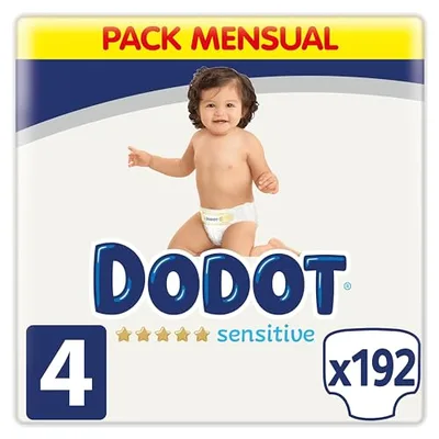 DODOT Sensitive pieluchy dziecięce, rozmiar 4 (9-14 kg), 192 pieluchy + 1 opakowanie z 48 bezpłatnymi chusteczkami, optymalna ochrona skóry, co miesiąc