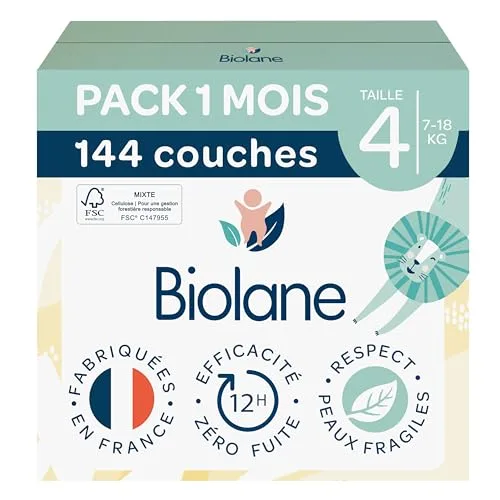 BIOLANE - Couches Bébé Taille 4 (7-18 kg) - Pack 1 Mois - 144 Couches