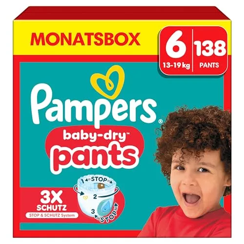 Pampers Spodnie Baby-Dry. Rozmiar 6, 138 pieluch, 14-19 kg, 360° Zabezpieczenie przed wyciekiem z kieszenią Stop & Protect na noc do 100% bez wycieków, opakowanie 1 miesiąc