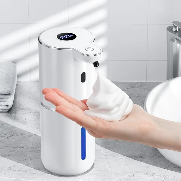 Fachixy Automatyczny dozownik mydła z cyfrowym wyświetlaczem, bezdotykowy, ścienny dozownik mydła w łazience, ładowalny, 380 ml, IPX5 wodoodporny dozownik pianki do łazienki, kuchni