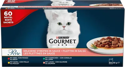 GOURMET PERLE | Karma mokra dla dorosłych kotów | Mini fileciki w sosie z Kurczakiem, Wołowiną, Łososiem i Królikiem | 60x85g