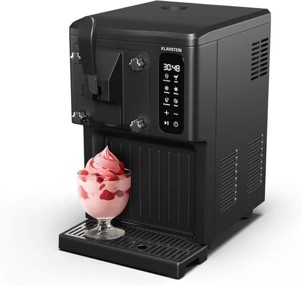 Klarstein Sweet Sundae Maszyna do lodów – urządzenie 3 w 1 do lodów, koktajli i smoothie, dozownik lodów włoskich, zbiornik 1,5 l, wyświetlacz dotykowy, tryb chłodzenia, łatwe czyszczenie, czarna