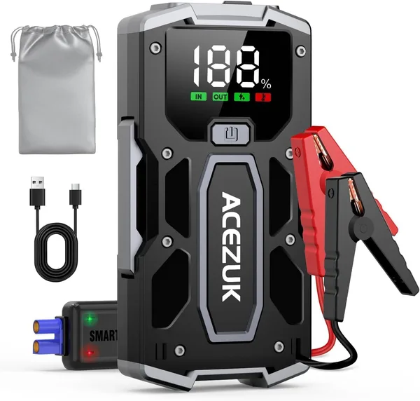 ACEZUK Arrancador de Coches 8000A, 12V Arrancador de Baterias de Coches (para 5.5L Disésel o 7.0L Gas), Jump Starter con 2.5 Inch Pantalla LCD, Clips de Seguridad Inteligentes, Luz LED