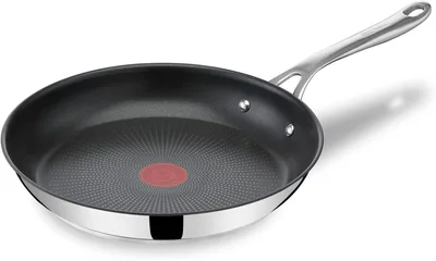 TEFAL E30406 Jamie Olivier Cooks Direct Patelnia 28 cm, stal nierdzewna, nieprzywierająca powłoka wzmocniona tytanem, wskaźnik Thermo Signal, nitowany uchwyt, do wszystkich kuchenek, srebrny/czarny