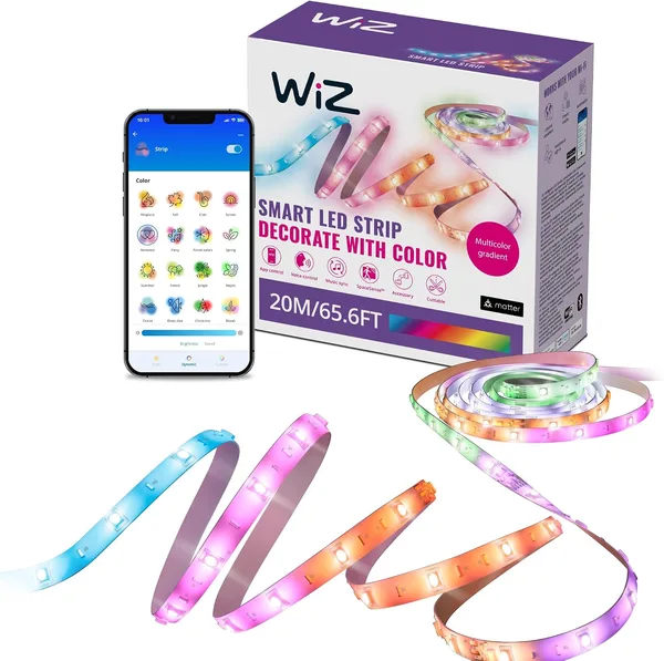 Wiz Striscia LED RGBIC Striscia luminosa a LED-20m,16 milioni di colori+sfumature di bianco,scenari luminosi dinamici,connessione al Wi-Fi,controllo vocale/app,funziona con Google Home,Alexa e HomeKit