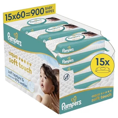 Pampers Aqua Soft Touch chusteczki nawilżające dla niemowląt, 15 opakowań z 60 chusteczkami nawilżającymi = 900 chusteczek nawilżających dla niemowląt, miękka tekstura i balsam z 99% wody