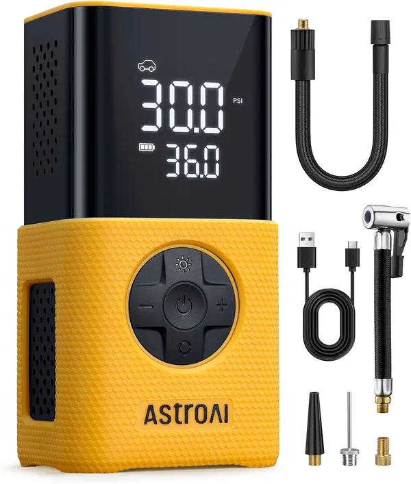 AstroAI Inflator do Opon Samochodowych,Przenośna Sprężarka Powietrza 150PSI | 2x Szybszy, Wyświetlacz TRUEGAUGE, Kompaktowy Bezprzewodowy Pompka, z Akumulatorem do Rowerów, Motocykli, Kulki, Żółty