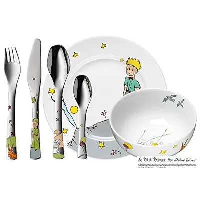 WMF Der kleine Prinz Kinder Geschirrset 6-teilig, Kindergeschirr mit Kinderbesteck ab 6 Jahre, Cromargan Edelstahl poliert, spülmaschinengeeignet