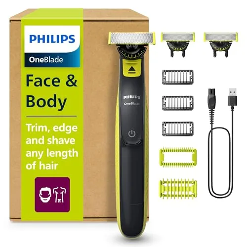 Philips OneBlade 360 Autentico Regolabarba Elettrico per Viso e Corpo, Rasoio e Spazzola, 3x 360 Lame, 3x Pettine per Barba (1,3,5 mm), 1x Kit per il Corpo, QP2824/31