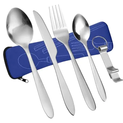 Vicloon Set di Posate con Custodia Portatile, 5 Pezzi in Acciaio Inossidabile con Apribottiglie, da Viaggio Coltello Forchetta Cucchiaio per Campeggio Picnic Scuola Pranzo (Blu Navy)