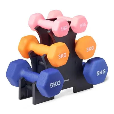 Amazon Basics Zestaw hantli z powłoką neoprenową ze stojakiem, 3 sztuki (1,5kg, 3kg, 5kg), wielokolorowy