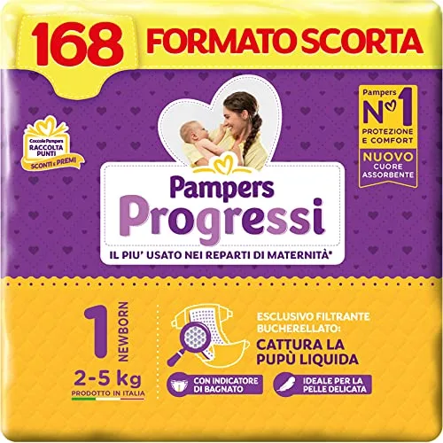 Pampers Progressi Newborn, Taglia 1 (2-5 kg), 168 Pannolini Neonato