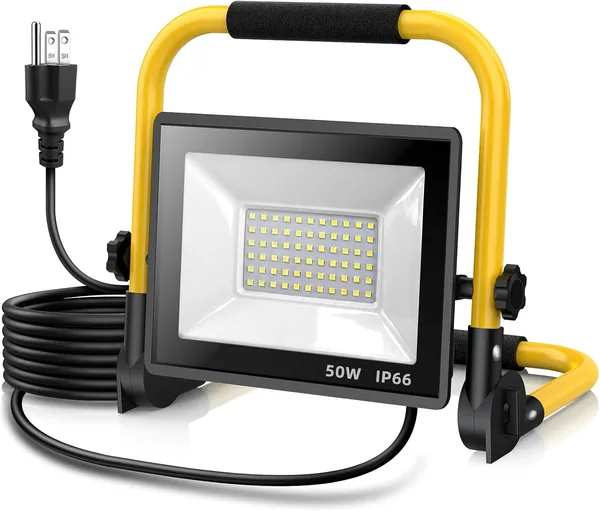 SOARFLY Faretto LED da cantiere, 50 W, 10.000 lm, super luminoso, portatile, impermeabile IP66, luce bianca diurna, 6500 K, lampada da cantiere con interruttore, per officina, garage e cantiere