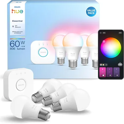 Philips Hue Essential, Kit de Démarrage, Bridge + 4 Ampoules A60