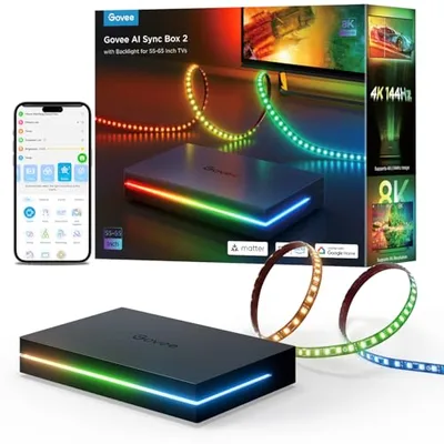 Govee HDMI 2.1 Sync Box AI Kit 2, w zestawie podświetlenie TV, obsługuje 8K@60Hz, 4K@144Hz, VRR i ALLM, działa z Matter, pasek LED RGBIC na 55-65-calowy telewizor, 75 diod LED/m