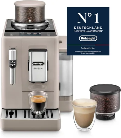 De'Longhi Rivelia Perfetto EXAM440.35.BG, Macchina da Caffè Automatica, Chicchi Macinati al Momento, Portachicchi Intercambiabile, Montalatte Classico, 8 Ricette, Display Touch a Colori, Colore Beige