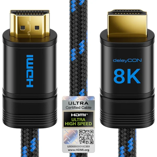 deleyCON 1,5m Kabel 8K HDMI 2.1b (48G, ULTRA Highspeed) z Certyfikatem, 8K@60Hz 4K@120Hz 2K@144Hz/165Hz EARC HDCP 2.3/2.2 - dla DTS:X Dynamiczny HDR Dolby Atmos TV PS5 Xbox Soundbar Monitor