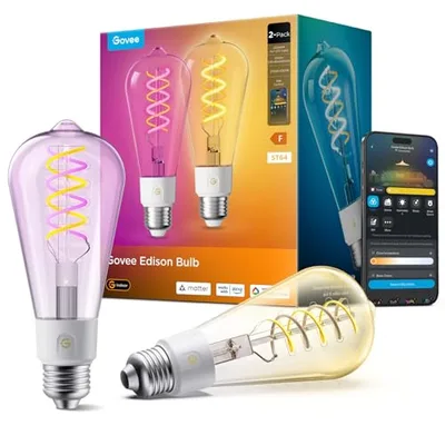 Govee Żarówka Smart Edison E27, RGBWW LED lampa ST64 kompatybilna z Matter i Google Assistant, 500 lm, COB ściemniana żarówka, 16 milionów kolorów, żarówki żarowe do dekoracji vintage, 2 sztuki