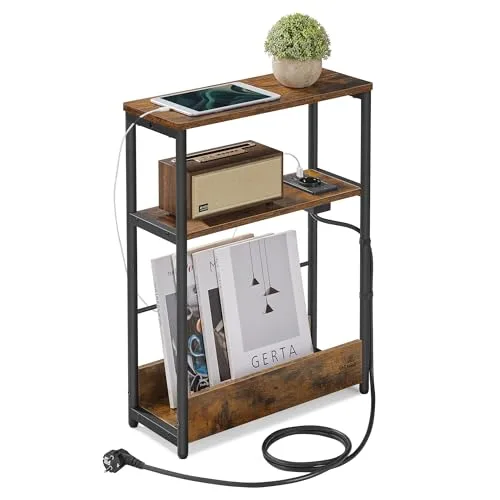VASAGLE Tavolino con Multipresa a 3 Ripiani, Tavolino Stretto per Piccoli Spazi, con Portariviste, per Salotto Camera da Letto Studio, Marrone Vintage e Nero Inchiostro LET335K02