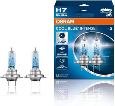 OSRAM COOL BLUE INTENSE H7, +100% większa jasność, do 5000 K, halogenowa lampa czołowa, wygląd LED, składane pudełko wiszące (2 lampy)
