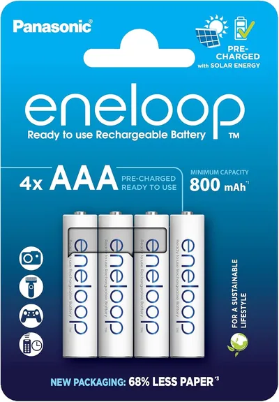Panasonic eneloop | Ready-to-Use Ni-MH akumulatory, AAA/Micro, 4 sztuki w zestawie, większa pojemność min. 800 mAh, 2100 cykli ładowania, w opakowaniu w bez tworzyw sztucznych