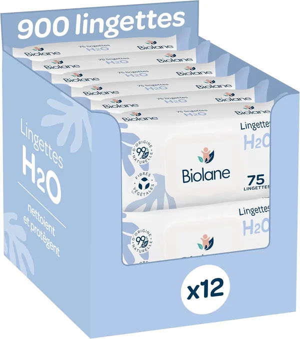 BIOLANE - Chusteczki dla niemowląt na wodę - 900 chusteczek - Zestaw 12x75 - Delikatne i skuteczne czyszczenie - Od urodzenia - Francuska jakość