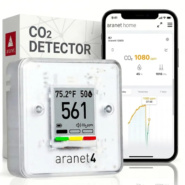 SAF Aranet4 Home: Bezprzewodowy monitor jakości powietrza do domu, biura lub szkoły [CO2, temperatura, wilgotność i inne] przenośny, zasilany bateriami, ekran e-ink, aplikacja do konfiguracji i historii danych