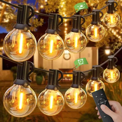 GLUROO Zewnętrzne lampki sznurkowe ściemnialne 45,7M, Wodoodporne lampy zewnętrzne z pilotem, 75+2 żarówki plastikowe G40, Nietłukące się lampki sznurkowe LED Elektryczność do ogrodu