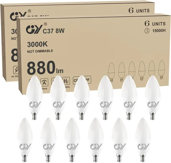 GY Lampadine LED E14, 8W (equivalenti a 60W), 880 Lumen, Lampadina LED 3000K Luce Caldo, Risparmio Energetico E14 LED, Fascio 280 Gradi LED, Lunga Durata, Basso Consumo, Non Dimmerabile, 12 pezzi
