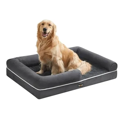 Feandrea Cama Ortopédica para Perros, Sofá, Cama para Mascotas, Acolchado Suave, Bordes Elevados, Funda Extraíble y Lavable, 106 x 71 x 18 cm, Antideslizante, Gris Oscuro PGW077G01