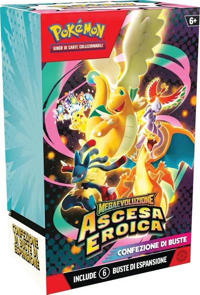 Pokémon: Packung mit Boosterpacks der MegaEvolution - Heldenhafte Aufstieg des Pokémon TCG (sechs Erweiterungspackungen), italienische Ausgabe