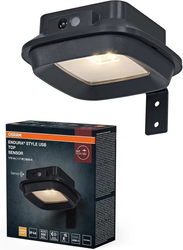 OSRAM Lampada da parete per esterni grigio scuro, bianco caldo, 3000 K, IP44, sensore di luce, Plastica, 120 lm, 1,7 W, LED integrato, durata di servizio 25.000 h