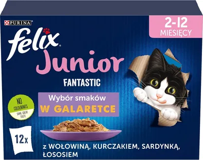 FELIX FANTASTIC Junior | Karma mokra dla kociąt | Wołowina, Kurczak, Sardynka, Łosoś | 12x85g