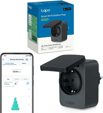 Tapo P410M gniazdko Wi-Fi na zewnątrz, Smart Home Plug z licznikiem prądu, IP54, działa z Alexa, Google Assistant, Siri, SmartThings & Matter, zdalne sterowanie, harmonogram, Wi-Fi 2,4 GHz, 3680 W/16