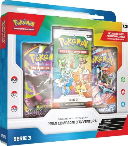 Pokémon: Kolekcja ilustracji Pierwszych Przygód - Seria 3 GCC Pokémon (3 karty promocyjne, 2 rozszerzenia i 1 arkusz naklejek), wydanie włoskie