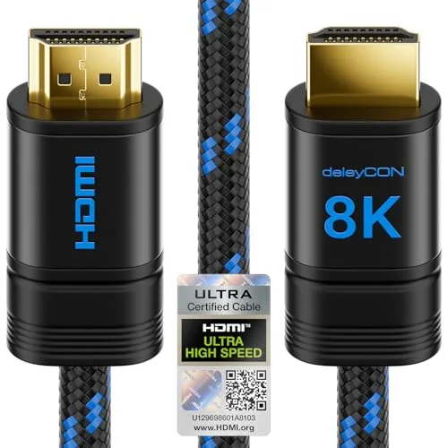 deleyCON 2m Kabel 8K HDMI 2.1b (48G, ULTRA Highspeed) z Certyfikatem, 8K@60Hz 4K@120Hz 2K@144Hz/165Hz EARC HDCP 2.3/2.2 - dla DTS:X Dynamiczny HDR Dolby Atmos TV PS5 Xbox Soundbar Monitor