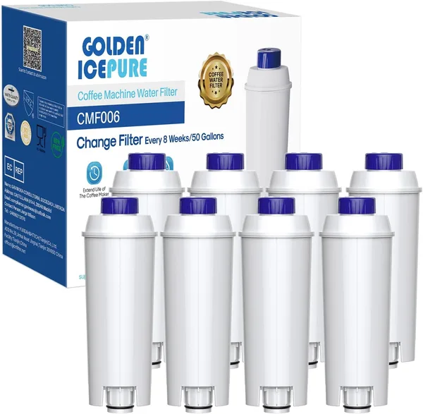 GOLDEN ICEPURE Filtro de agua para cafeteras automáticas compatibles con De'Longhi DLSC002, SER3017 y 5513292811, ECAM, ESAM, ETAM, BCO, serie EC, 8 unidades