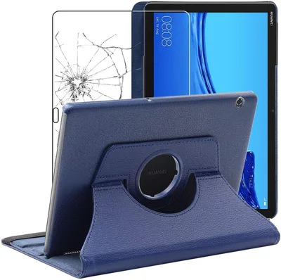 ebestStar - Etui Dla Huawei MediaPad T5 10.1, Pokrowiec Obrotowe Obracany 360 Stopni, Ochrona ze Skóry PU, Ciemny niebieski + Szkło Hartowane