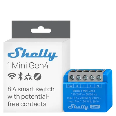 Shelly 1 Mini Gen4 - Inteligentny przekaźnik Wi-Fi, Matter, Zigbee, 1 kanał 8A, bezpotencjałowy kontakt, zdalne sterowanie, obsługa Alexa Google Home, SmartThings, Apple HomeKit